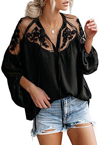 Itsmode Hollow Out Crochet Lace V Neck Blouses for Women Long Sleeve Chiffon Work Blouses Ladies Black Fall Tops M Itsmode Hollow Out Crochet Lace V Neck Blouses for Women Long Sleeve Chiffon Work Blouses Ladies Black Fall Tops M