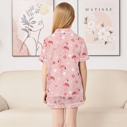 Flamingo with Pink Floral Summer Satin Pajama Set, Cute Button-Down Sleepwear Pj Set for Sleep Wears4