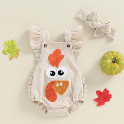 Karuedoo Newborn Baby Girl Thanksgiving Outfit Turkey Embroidery Ruffle Sleeveless Romper Backless Bodysuit with Headband2