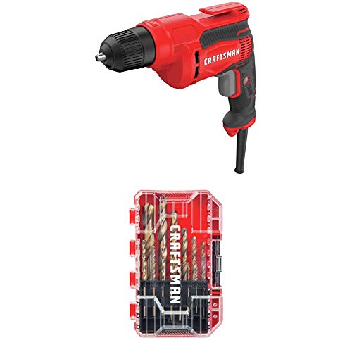 CRAFTSMAN Drill/Driver, 7-Amp, 3/8-Inch with Drill Bit Set, Gold Oxide, 14-Piece (CMED731 & CMAM2214)