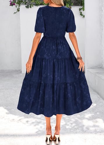 KIRUNDO Womens Summer Dresses Wedding Guest Floral Midi Sundress Short Puff Sleeve Flowy A Line Smocked Tiered Boho Dress2