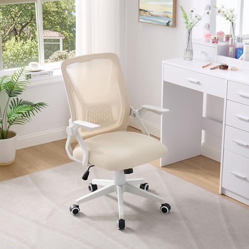 Office Chair for Computer Task Work Fabric Swivel Ergonomic Task Chair in Beige Mesh Lumbar Support with Adjustable Arms - Thumbnail 3