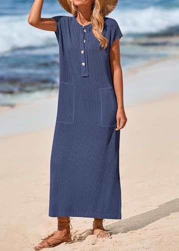 Image of KIRUNDO Womens Summer Ribbed Knit Short Sleeve Maxi Dress