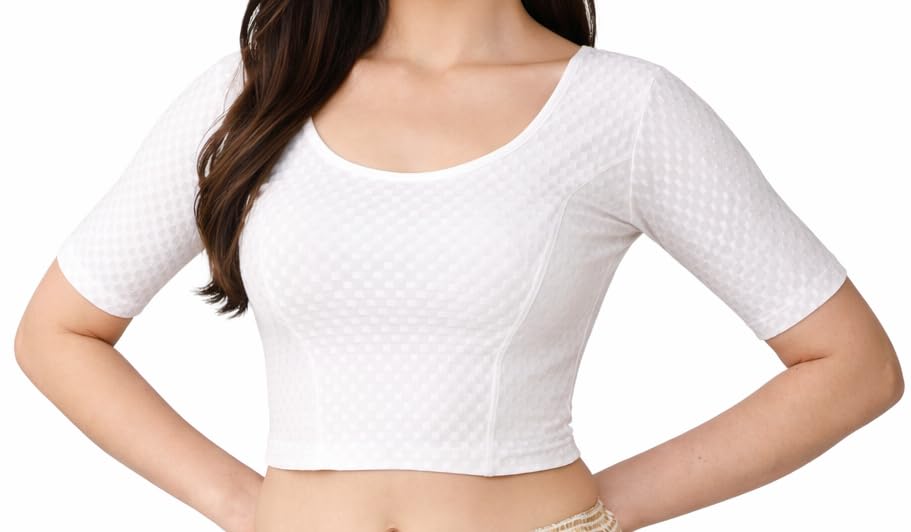 Image of Fressia Fabrics Pure Cotton 4-Way Stretch Readymade Blouse for Women | Free Size to 4XL Stretchable Round Neck Dobby Cotton Half Sleeve Readymade Saree Blouse for Women Stylish