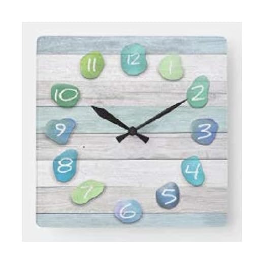 Square Wooden Wall Clock Sea Glass Beach Driftwood Ocean Wood Clock 10 Inch Silent Non-Ticking Wooden Wall Clocks Battery Operated Living Room Bedroom Kitchen Farmhouse Decor Christmas Birthday Gift
