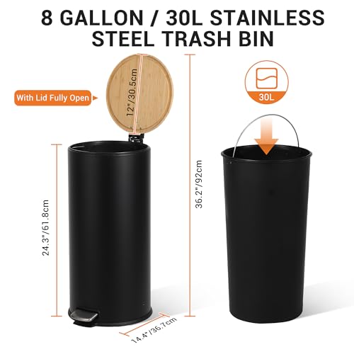 Papelera GAOMON de 30L con tapa bambú soft-close negra miniatura 2
