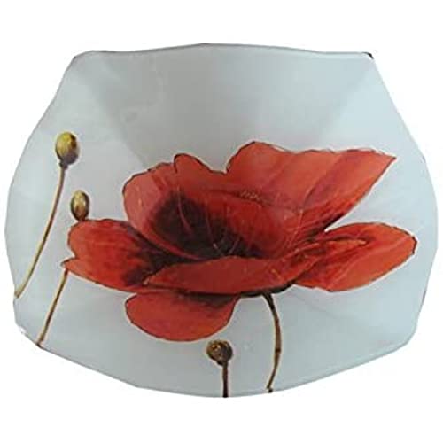 Lot De 6 Saladiers/bols Pour Pâtes, Salade - Assiettes Creuses Pour Soupes - Motif Coquelicot - Verre - couleur Blanc Et Fleur Rouge - Service De Table 6 Personnes - Service À Vaisselle Pour La Maison