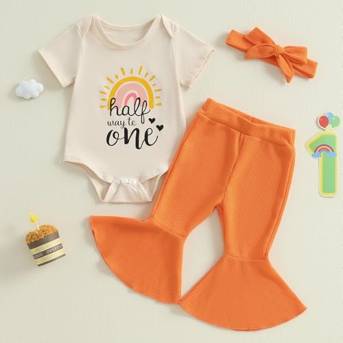 Newborn Half Way To One Baby Girl Outfit Short Sleeve Romper T Shirt Ribbed Knit Flare Pants Headband Set 3Pcs Summer2
