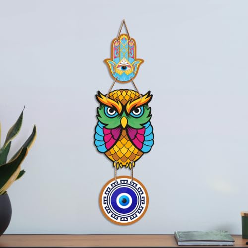 Image of Artvibes Owl Evil Eye Nazar Protection Wall Hanging for Home Entrance | Decorative MDF Vastu Wall Art | Lucky Charm Decor for Bedroom | Living Room | Balcony | Office & Main Door (WH 8522N)