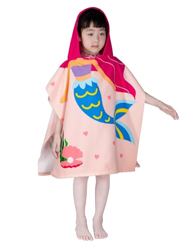 Image of growell Hooded Kids Beach Towels - Toddler Bath Towel Girls Boys Swim Cover-ups for Ages 1 to 6 Kids Pool Towels Quick Dry Lightweight Soft Microfiber Poncho Towel 24x23(Mermaid Pink)