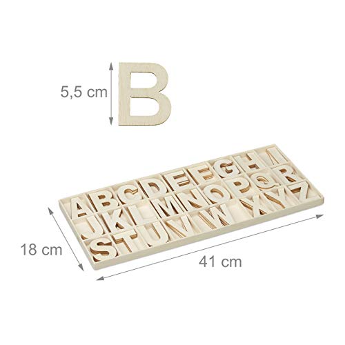 Relaxdays Holzbuchstaben Set, 104 TLG, Großbuchstaben A-Z, 5,5 cm hoch, XL Buchstaben zum Basteln, Deko Alphabet, Natur, 104 TLG., 10028685