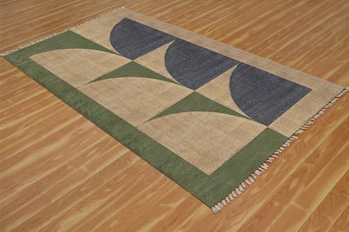Tapis carré en coton Dhurrie lavable de style Kilim marron et bleu haute résistance