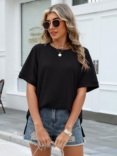 ANRABESS Women Oversized Waffle Knit T-Shirts Summer Casual Short Sleeve Tunic Tops Side Spilt Tee Shirts 2026 Trendy Clothes Black Large — view 3