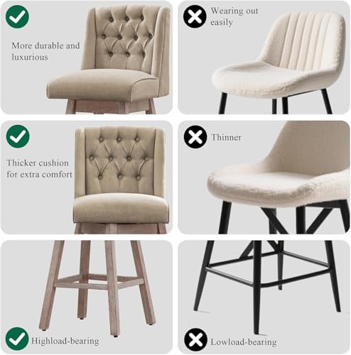 Image of 26 inch Swivel Bar Stools Set of 4, Counter Height Barstools with Back, Linen Fabric Upholstered Bar Stools, Modern Barstools Wood Legs for Kitchen Island Dining Room Bar (Brown, 4PCS-26in)