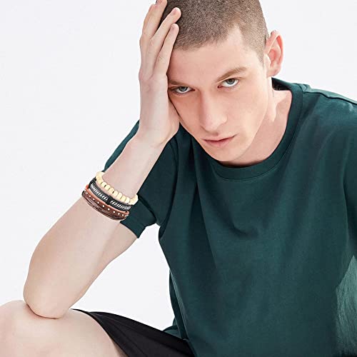 Cassieca Braided Leather Bracelets For Men Women Lined Hemp Wood Beads Cuff Wrap Bracelet Ethnic Tribal Adjustable Handmade Friendship Jewelry Set #TOP4