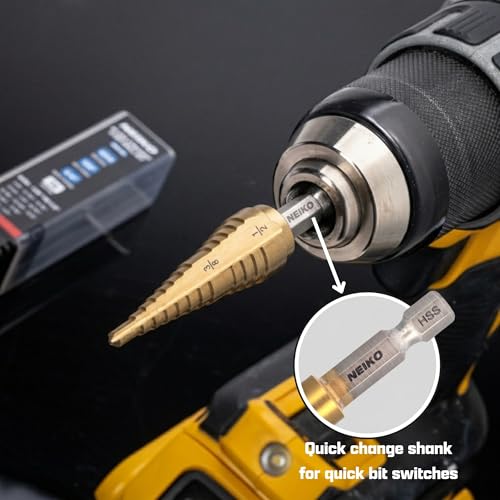 Image of NEIKO 10628A Step Drill Bit, 2 Steps 7 /8 inch to 1-1 /8 inch Straight High Speed Steel, Titanium Nitride Coated, 1 /4 inch Quick Change Step Bits for Steel, Metal, Wood, Plastic, Unibit Cone Drill Bits, Two Flute