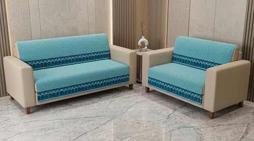 Image of Italian Blue Velvet Sofa Mat, 3+2 Set | Full Cover for Seat & Back, Anti-Skid, Machine Washable