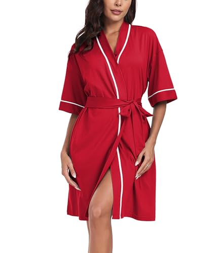 Image of ANLIQI Womens 100% Cotton Robes Lightweight Summer Short Sleeve Lady Bathrobe Knee Length Kimono Robe Sleepwear with Pockets