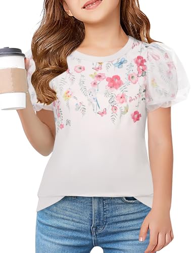 Arshiner Girls Shirts Mesh Puff Short Sleeves Blouse Crewneck Cute Print Summer Kids Tee Tops