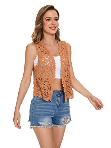 Image of Womens Floral Crochet Lace Trim Sleeveless Open Front Vest Cardigan