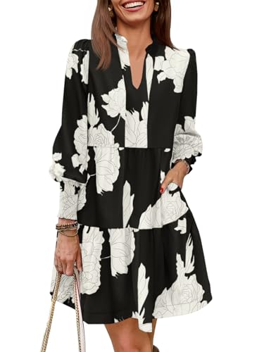 Imily Bela Womens Fall Long Sleeve Tunic Dress Casual Floral V Neck Loose Ruffle Tiered Dresses