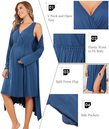 Image of Ekouaer Maternity Nursing Gown and Robe Set Labor Delivery Nursing Nightgowns for Breastfeeding Pregnancy Clothes