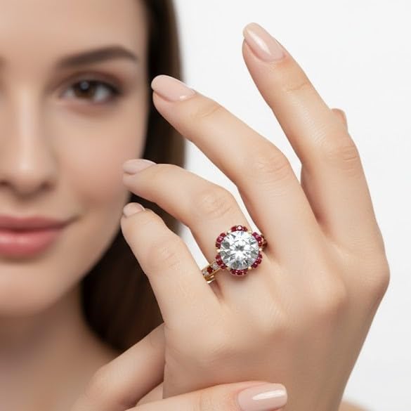 Image of 55Carat Choose Your Gemstone 6 Petal Ring Yellow Gold Plated Round Shape Halo Engagement Rings Well Shaped for Any Gift Giving Occassion Modern Style Enchating Women US Size 4 to 12