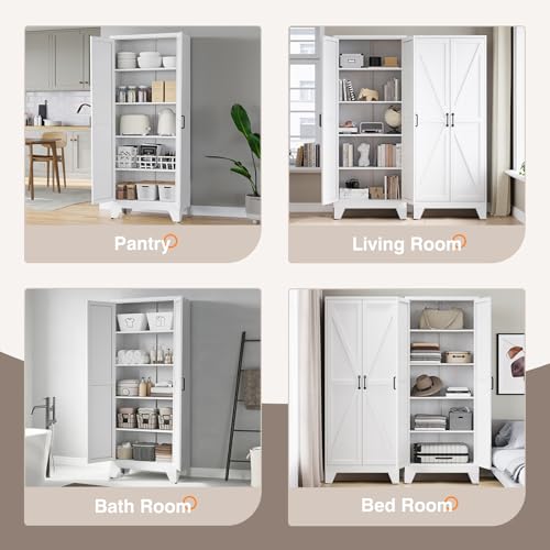 Image of Yizosh Metal Storage Cabinet with Doors and 4 Adjustable Shelves - 75 inch White Kitchen Pantry Storage,4-Tier Tall Steel Cabinet Locker for Kitchen,Living Room,Dining Room