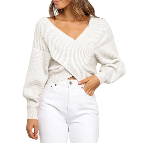 Off The Shoulder Sweater for Women Fall Fashion Sweater Scarf V Neck Cropped Sweaters Long Sleeve Wrap SweaterScarf3