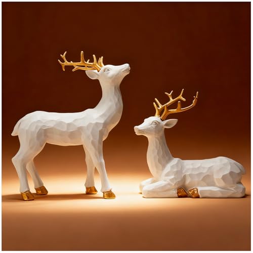 Simulated Deer Ornaments for Christmas Decoration 2Pcs of Faceted Geometric Resin Deer Ornaments Home Decoration Christmas Ornaments (White)