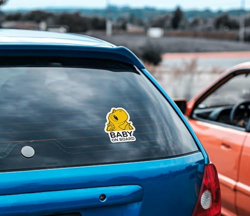 Image of eDesign Baby Dinosaur Baby on Board Sticker for Cars - 5 Inches - Baby in Car Sticker for Cars Truck SUV Van Window Bumper Baby on Board Decal 2-Pack, Yellow, Black