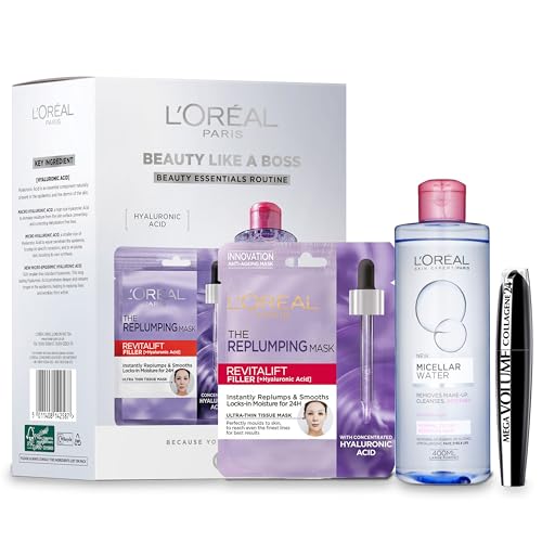 LOreal Paris Beauty Like a Boss Giftset Skincare Routine Powered by Hyaluronic Acid; Micellar Water + Replumping Tissue Mask + Mega Volume 24hour Collagen Mascara Prep & Glow Everyday