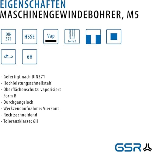 GSR PROFI Maschinen-Gewindebohrer M5, Gewindeschneider für Edelstähle DIN 371, HSSE-VAP Metallbohrer, Durchgangsloch Kernlochbohrer, Form B, verstärkter Schaft für metrische Gewinde