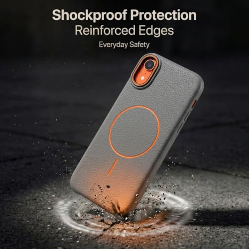 Image of amazon basics Luxury MagSafe Compatible Leather Texture Back Cover for iPhone XR | Raised Camera Protection | Slim Fit Shockproof Case with Metallic Accents (Gray)