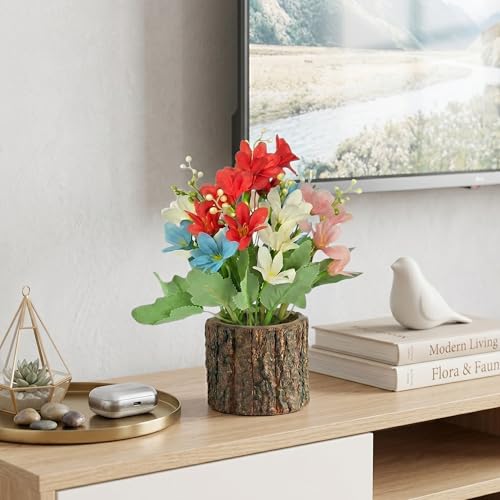 Image of Dekorly Artificial Multi Colour Lily Flower with Real Wooden Vase (28CM Overall Height) | Decorative Lifelike Faux Floral Plant in Rustic Tree Log Pot for Living Room(Mini Lily Flower)