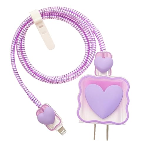 Image of INEFABLE Charger Case Cover Protector with 3D Cute Pattern for iPhone Charger only 18W & 20W, Data Charging Cable Wire Saver Protective Cable Cover Full Protection - Set of 1 (Purple Heart)