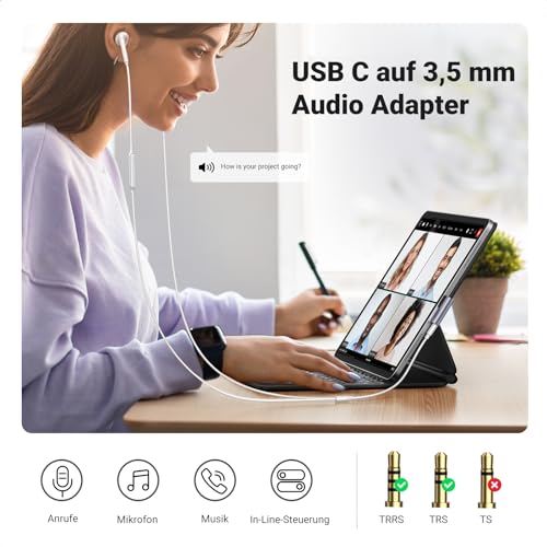 UGREEN USB C auf 3,5mm Klinke 90 Grad Winkel Adapter auf Klinke, Aux Kopfhörer Adapter mit DAC Chip kompatibel mit iphone17/17 air/17pro/17pro max, Galaxy S 25 Serie, iPad, Mac(Silber)