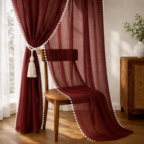 Image of THE Linen Company Cotton Linen Solid Rod Pocket Curtain for Window, Maroon, Linen Texture Light Filtering Curtain Panel for Living Room & Bedroom, 6.5 Feet