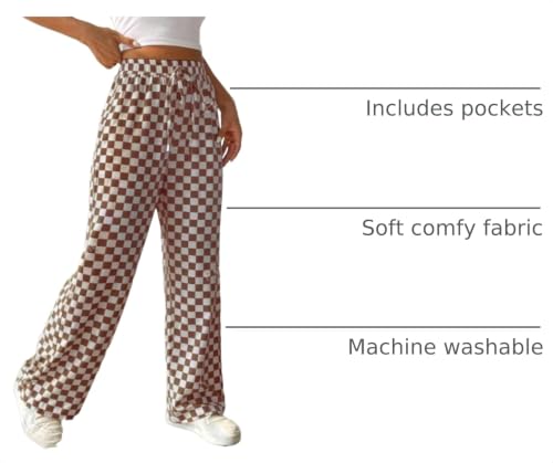 Image of Women's Casual Checkered Pants Drawstring Elastic Waist Comfy Loose Straight Wide Leg Plaid Pants with Pockets