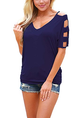 DREAGAL Girls Cold Shoulder Cut Out Sleeve Blouse Top T-Shirt Navy Blue Large