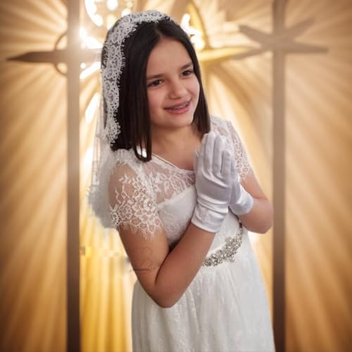 Merroyal Girls Tulle Lace Edge Mantilla First Communion Veil for Church Ceremony,White,43 Inch3