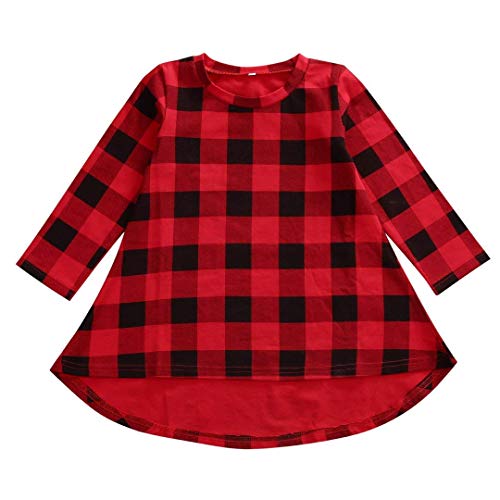 Toddler Baby Girl Infant Plain T Shirts Kids Plaid Overall Skirt Set Cotton Outfits Clothes Dress (Red Grid, 1-2 Years)…