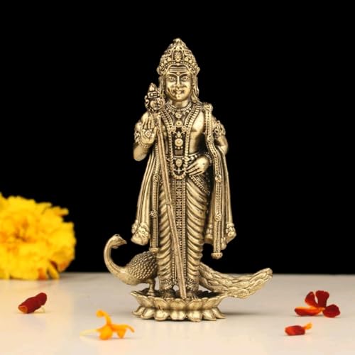 Brass 4" Lord Murugan Statue | Handcrafted Standing Kartikeya Mur...