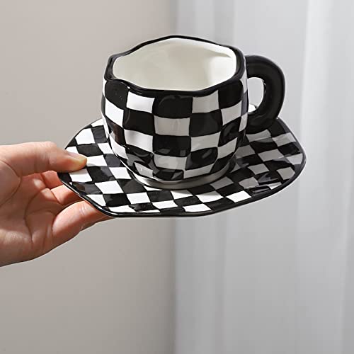 Starluckint Irregular Plaid Ceramic Coffee Mug Set, 8Oz Hand Painted Checkerboard Coffee Cup With Saucer And Spoon, For Latte Tea Milk Cappuccino Home Office Festive Gifts (Color : Black) #TOP4