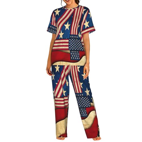 Pyjama à manches courtes pour femme imprimé drapeau vêtement de nuit frais été confortable