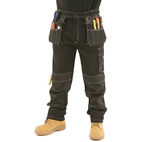 SITE KING Mens Heavy Duty Cargo Holster Pocket Work Trousers Contrast Stitching with Knee Pad Pockets (34 Waist / 31" Regular Leg, Black) Cover