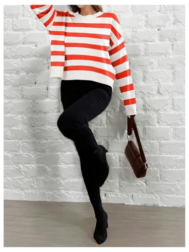 Image of WDIRARA Women's Striped Drop Shoulder Pullover Sweater Crew Neck Loose Knitted Sweater Orange White Medium