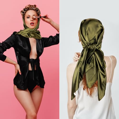 4Pcs 35 Inch Solid Satin Scarf Hair, Large White Square Silk Turban Sleeping Turban (Army Green, White, Black, Light Gray)4