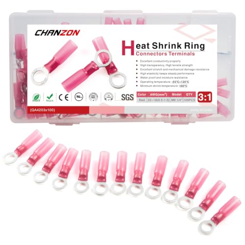Chanzon 100pcs 1/4" Heat Shrink Ring Terminal M6 UL Recognized 22-16AWG Red