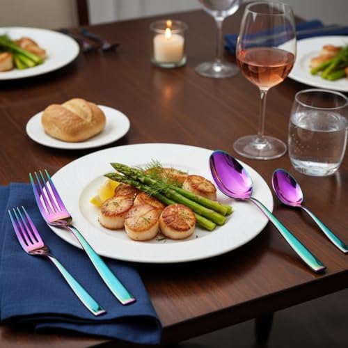 Image of Classic Rainbow 4 Pcs Stainless Steel Cutlery Set for Dining Table, Dishwasher Safe Glossy Flatware (Perfect Spoon Fork Set)